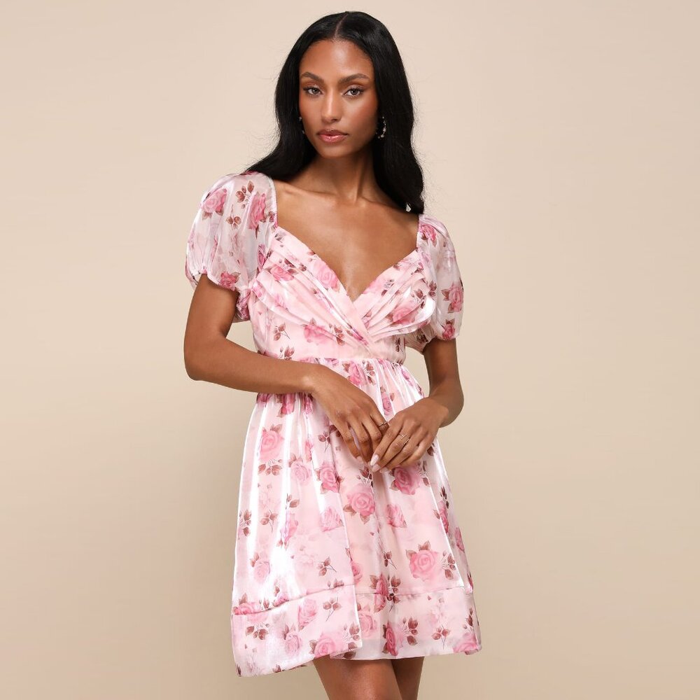 NEW Cutest Darling Light Pink Floral Pleated Organza Mini Dress • Large
